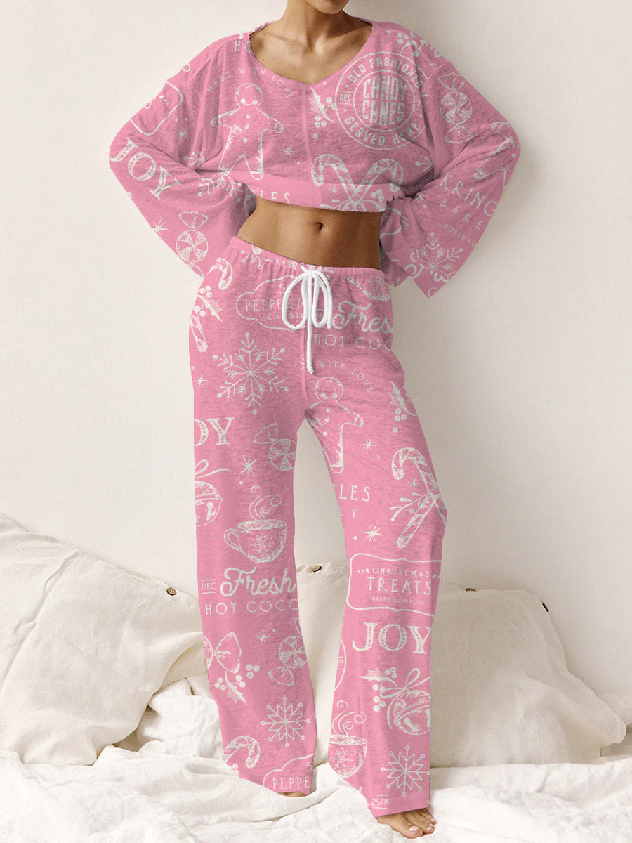 Women's Christmas Gingerbread Man Printed Linen Cotton Suit - Image 7