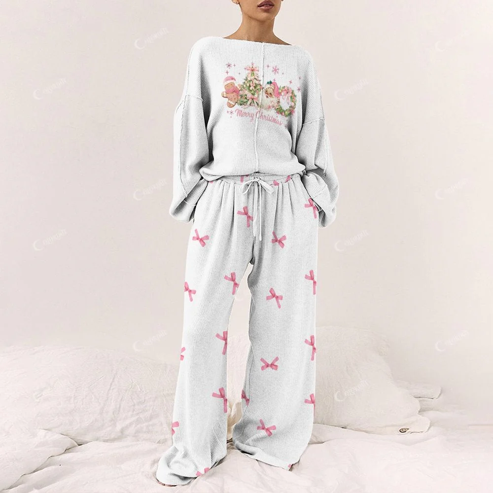 Women's Christmas Gingerbread With Bow Print Long Sleeve Pajama Set