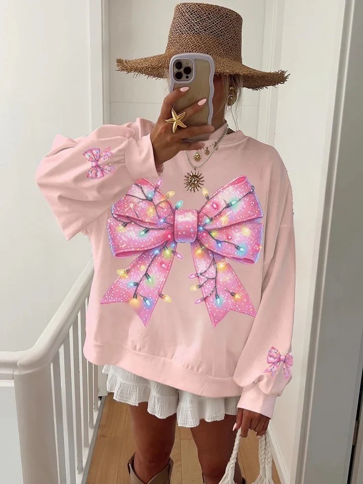 Women's Christmas Pink Bow Print Home Sweatshirt