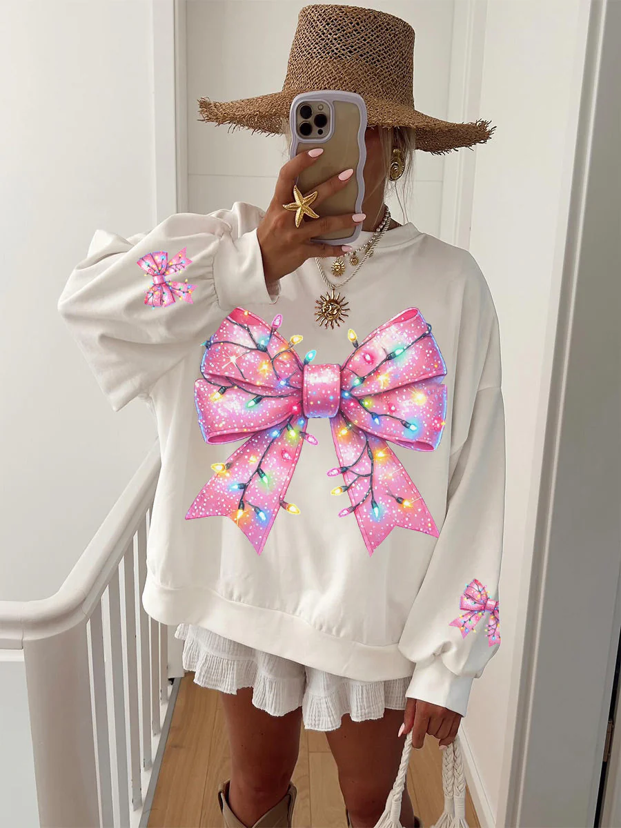 Women's Christmas Pink Bow Print Home Sweatshirt - Image 2