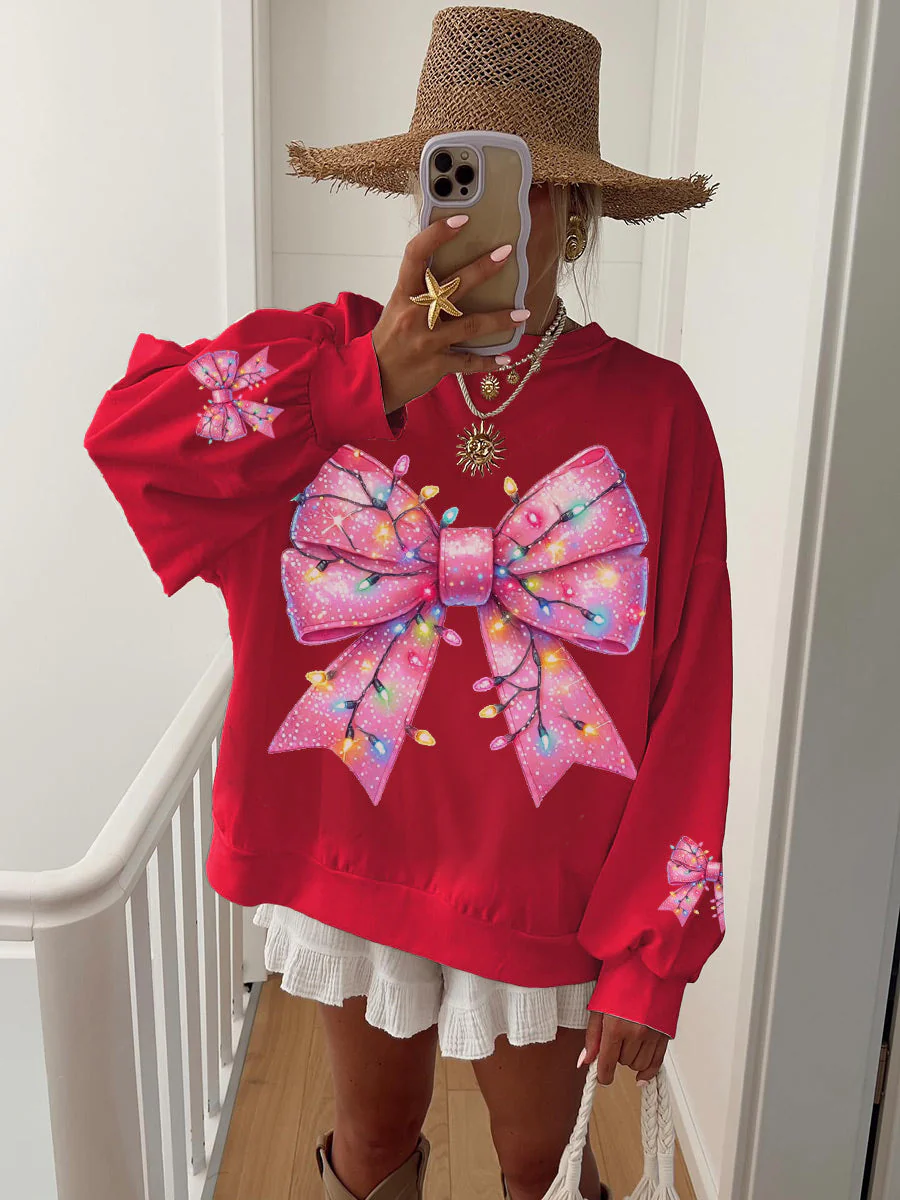 Women's Christmas Pink Bow Print Home Sweatshirt - Image 3