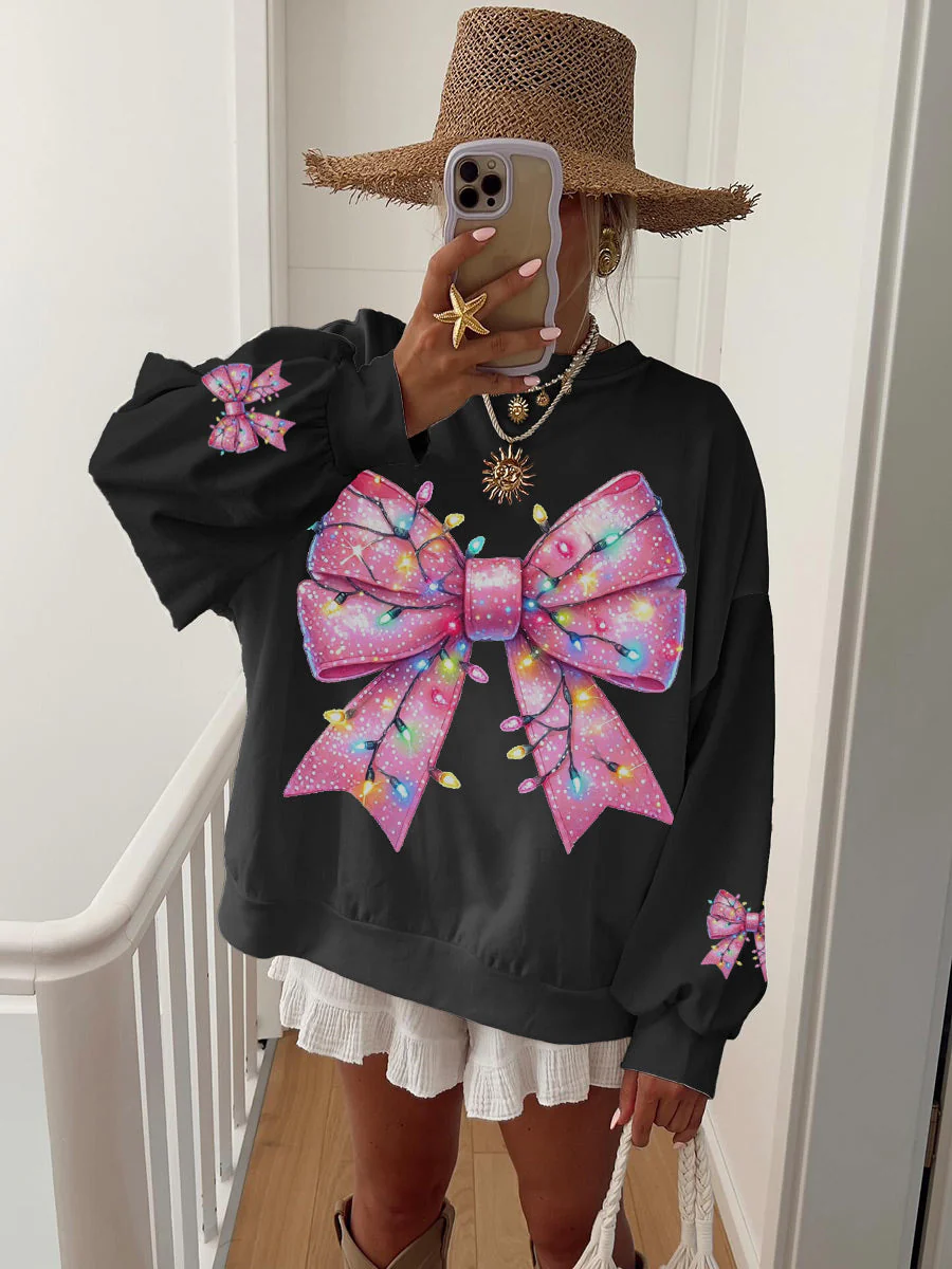 Women's Christmas Pink Bow Print Home Sweatshirt - Image 4