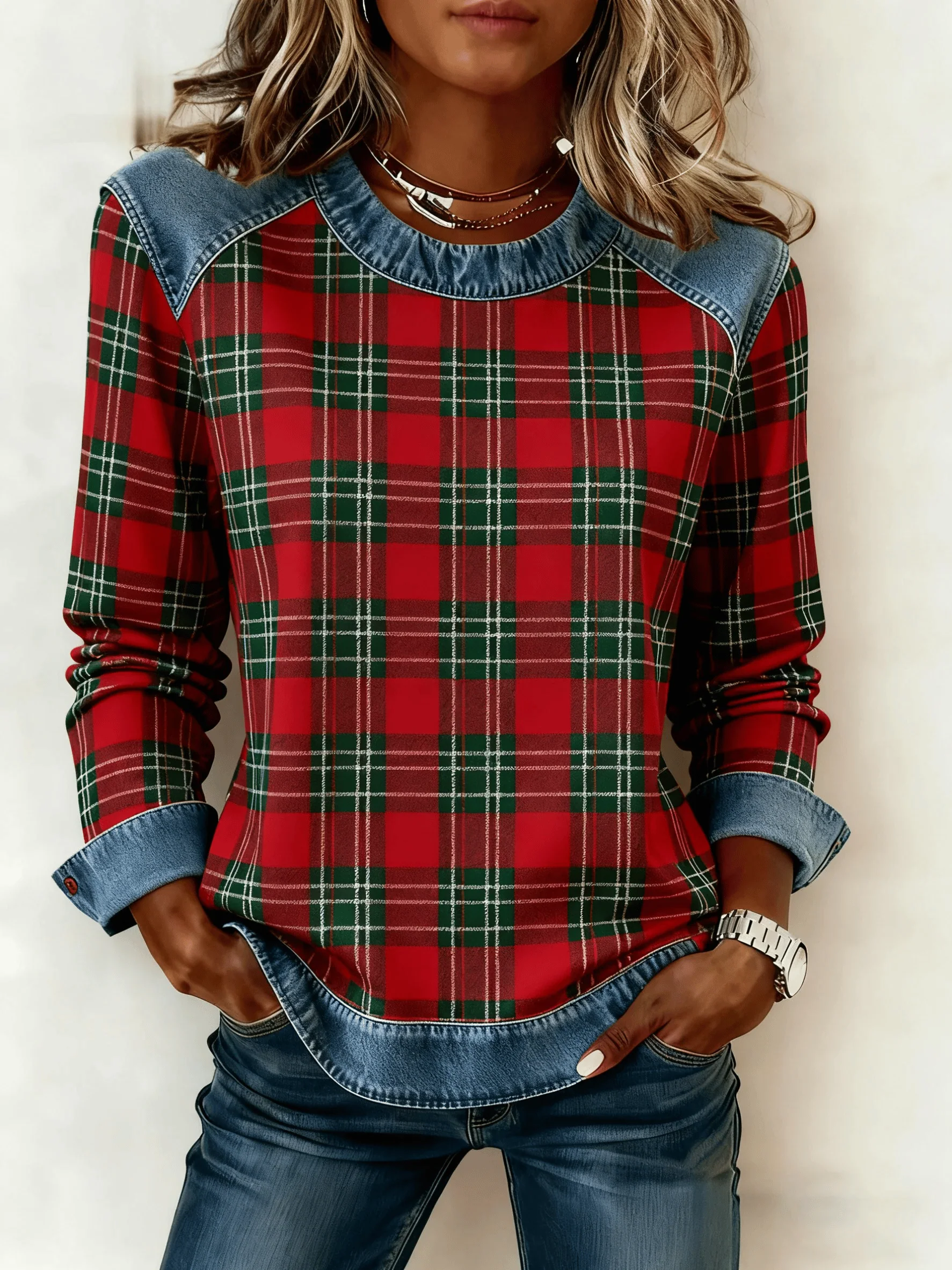 Women's Christmas Plaid Print Sweatshirt