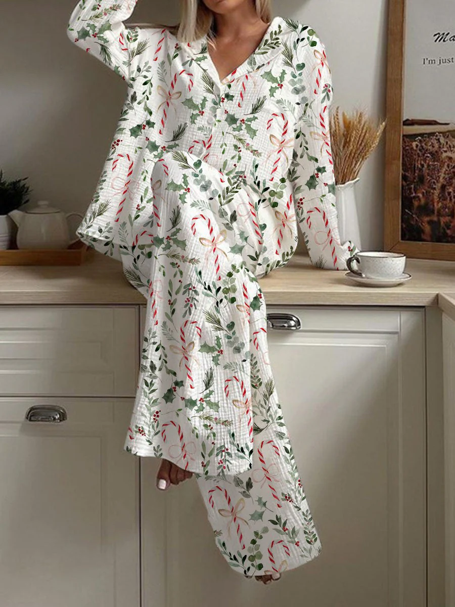 Women's Christmas Plant Candy Cane Print Loose Homewear Set - Image 2