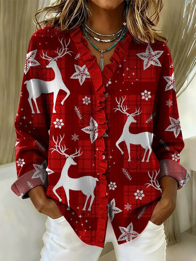 Women's Christmas Print Casual Cotton And Linen Ruffle Shirt