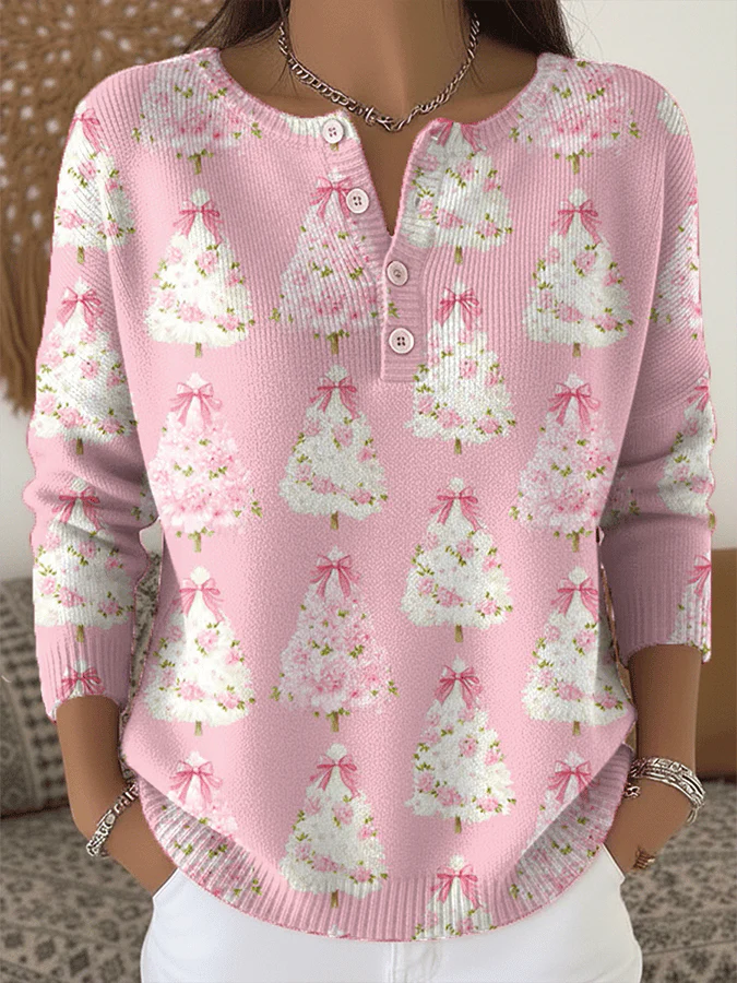 Women's Christmas Print Knit Button Top