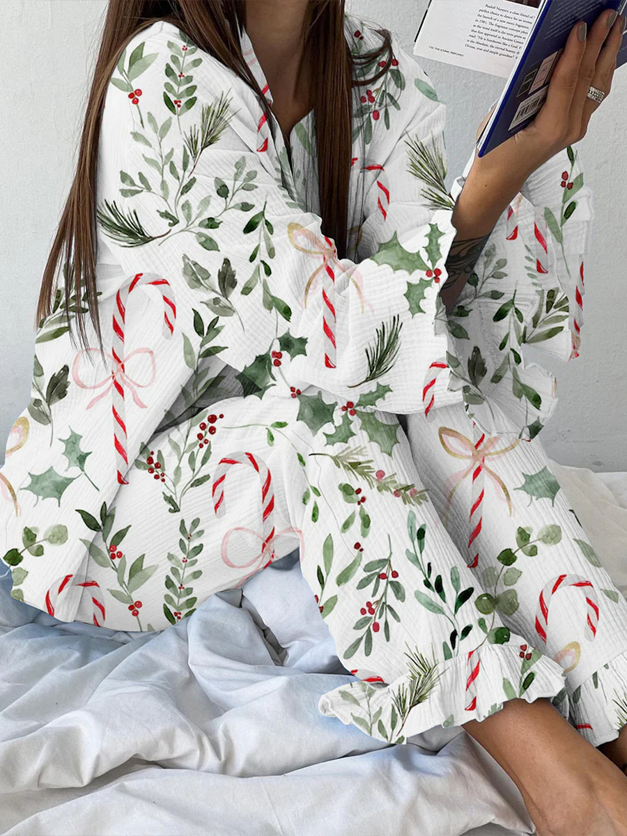 Women's Christmas Print Linen Cotton Suit - Image 2