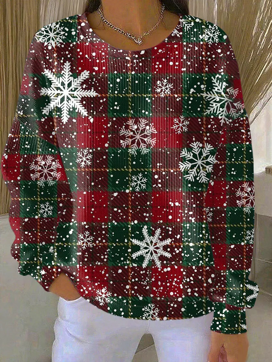 Women's Christmas Printed Ribbed Round-Neck Sweatshirt