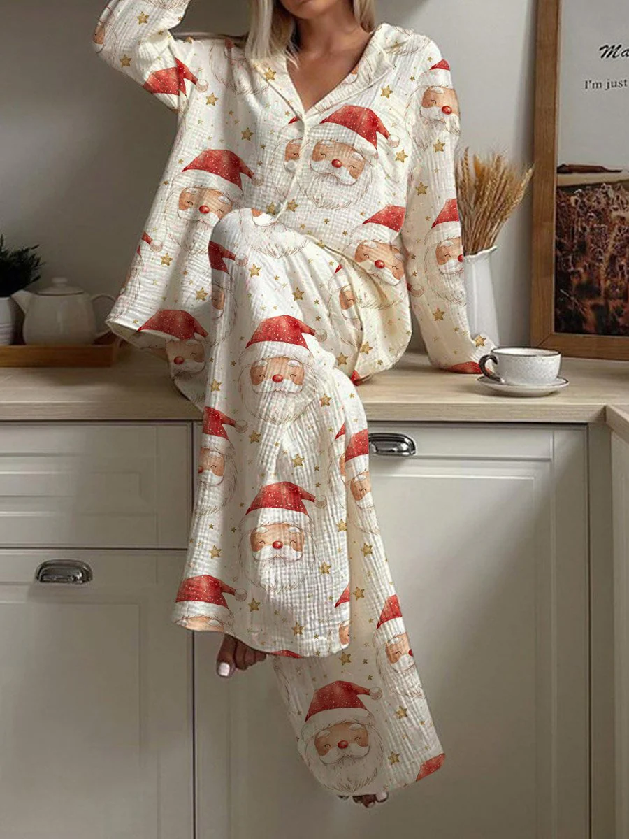 Women's Christmas Santa Claus Pattern Long Sleeve Pants Suit - Image 2