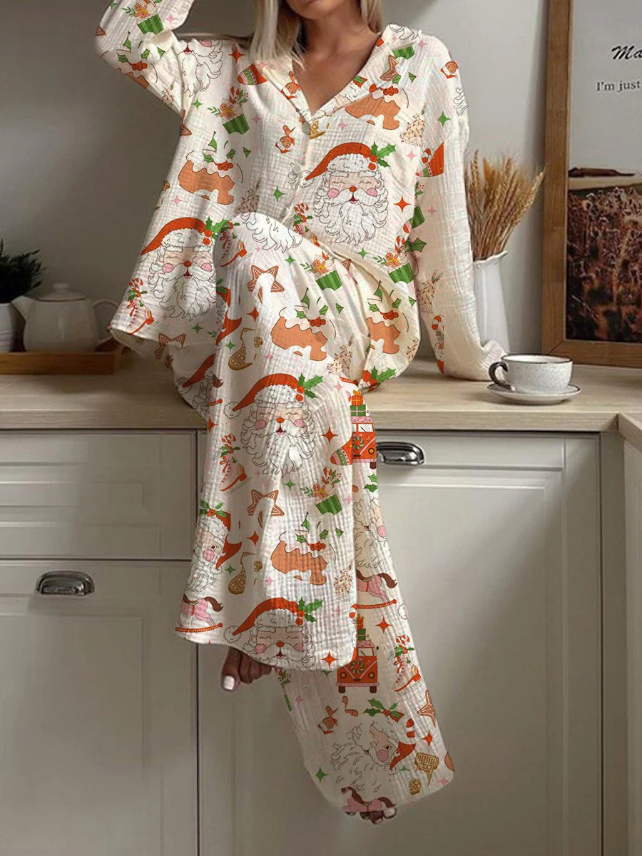 Women's Christmas Santa Claus Pattern Long Sleeve Pants Suit - Image 2
