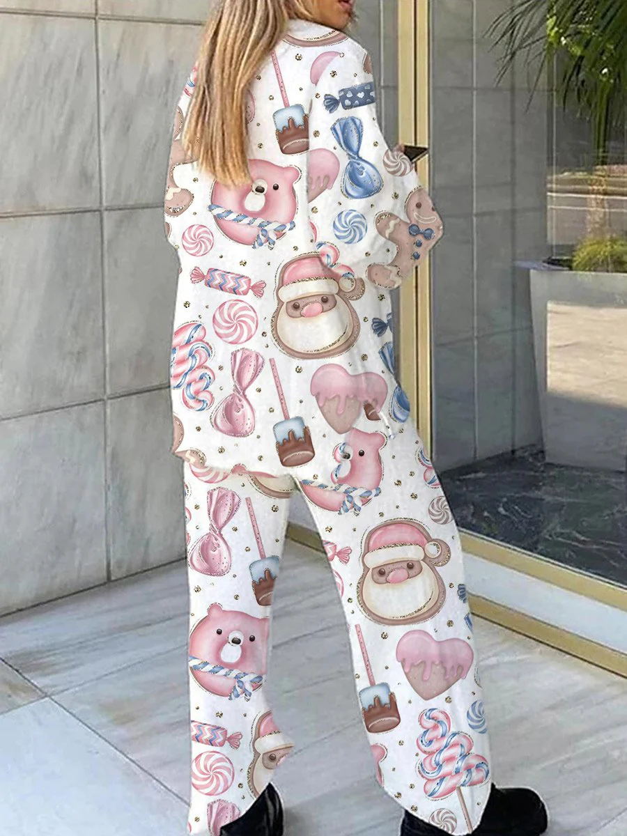 Women's Christmas Santa Claus Pattern V-Neck Long Sleeve Pants Suit - Image 2