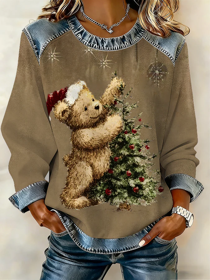 Women's Christmas Tree and Bear Raglan Spliced Crew Neck Sweatshirt