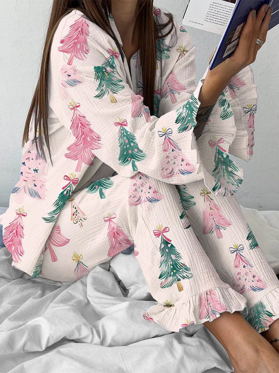 Women's Christmas Tree Bow Furry Pink Polar Fleece Pajama Set - Image 2