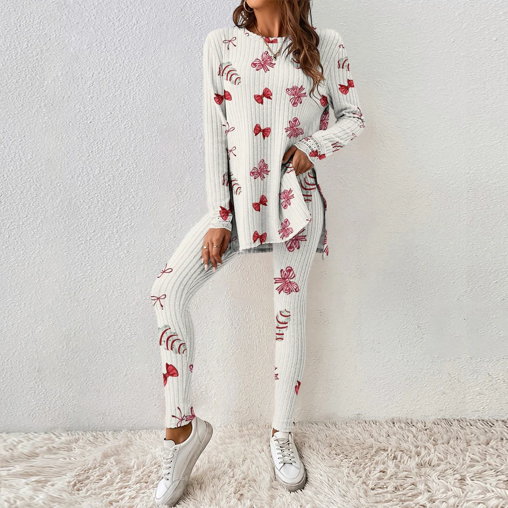 Women's Christmas Tree Bow Polka Dot Printed Homewear Set - Image 3