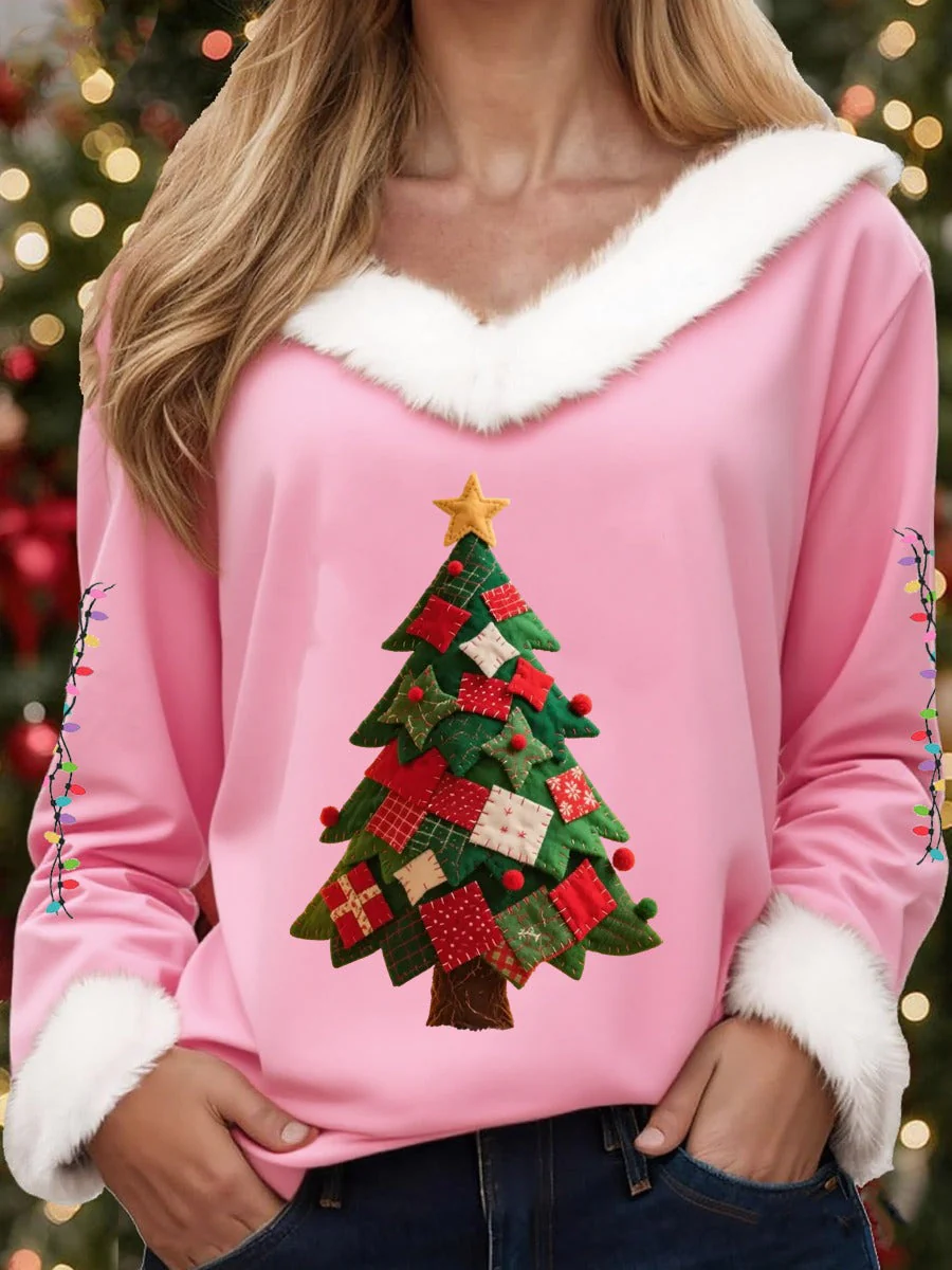 Women's Christmas Tree Fur Collar Casual Top - Image 2