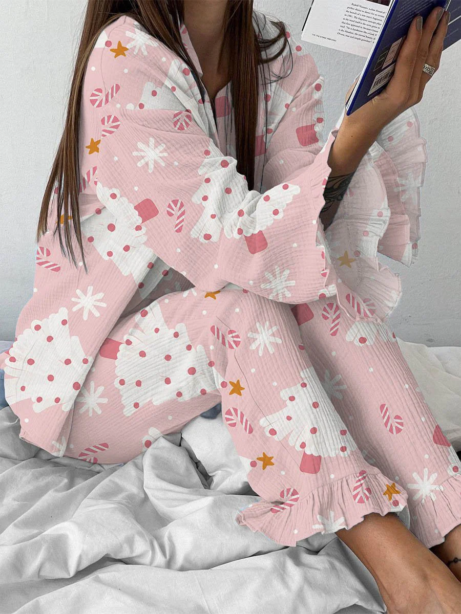 Women's Christmas Tree Print Long Sleeve Pajama Set