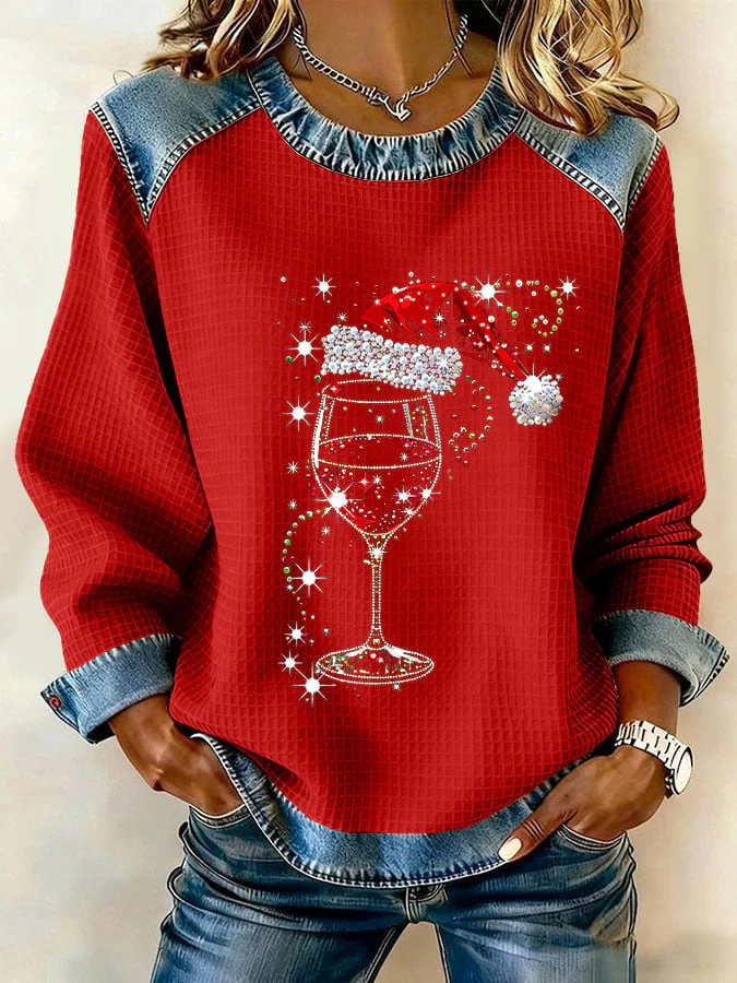 Women's Christmas Wine Glass Print Casual Sweatshirt - Image 2