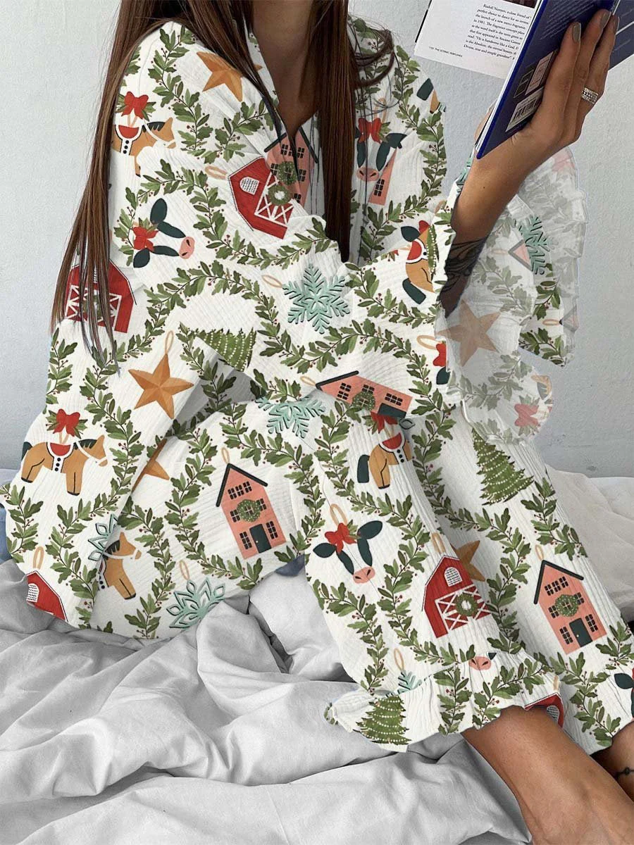 Women's Christmas Wreath Horse Cow Bow Print Long Sleeve Pajama Set