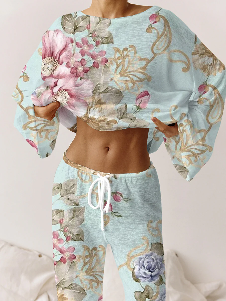 Women's Classic Floral Elegant Crew Neck Pajama Set - Image 2