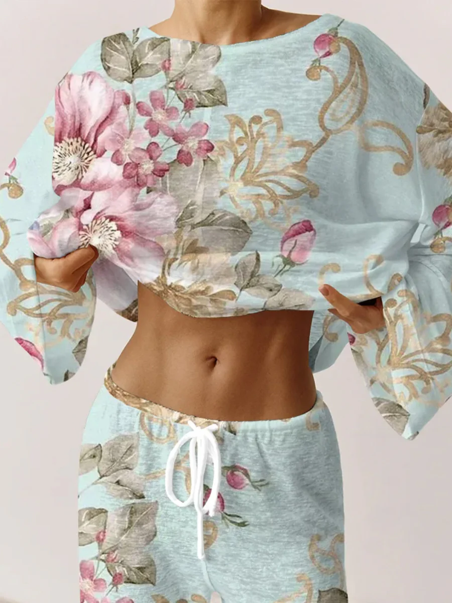 Women's Classic Floral Elegant Crew Neck Pajama Set - Image 3