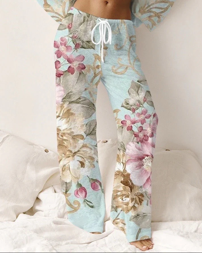 Women's Classic Floral Elegant Crew Neck Pajama Set - Image 4