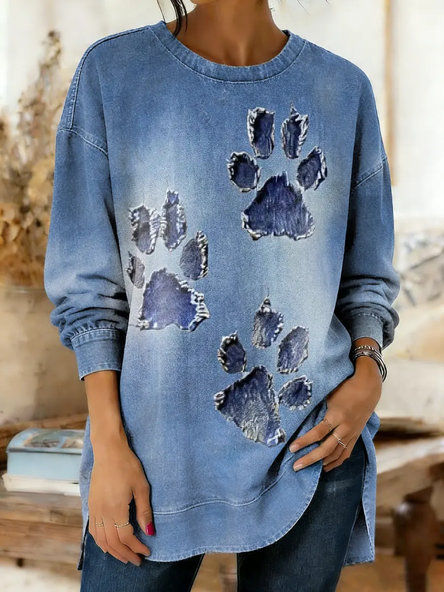 Women's Claw Print Casual Washed Cotton Denim Sweatshirt