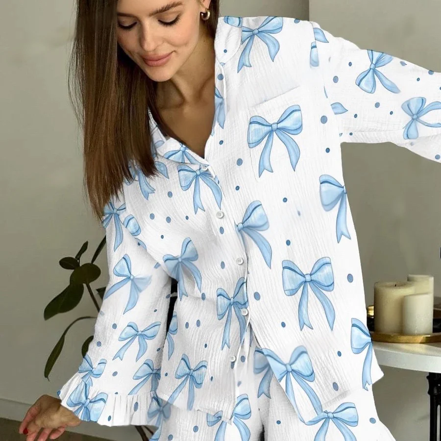 Women's Clean Blue Bow Vintage Printed Suit