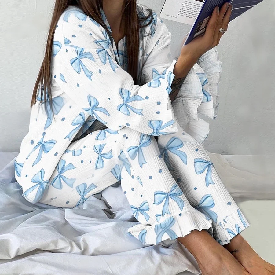 Women's Clean Blue Bow Vintage Printed Suit - Image 2