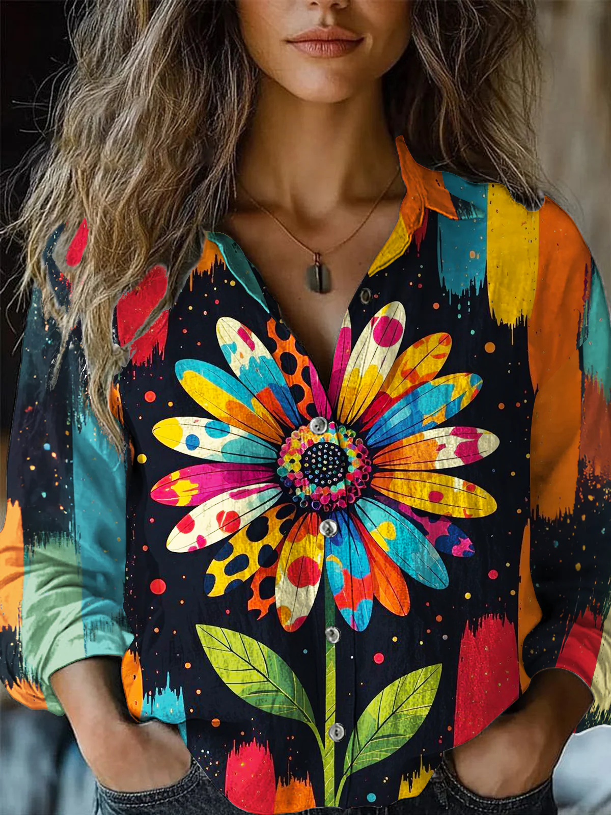 Women's Colorful Abstract Hippie Sunflower Printed Casual Shirt