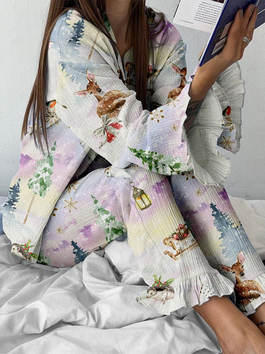 Women's Colorful Christmas Elk Printed Lounge Long Sleeve Suit
