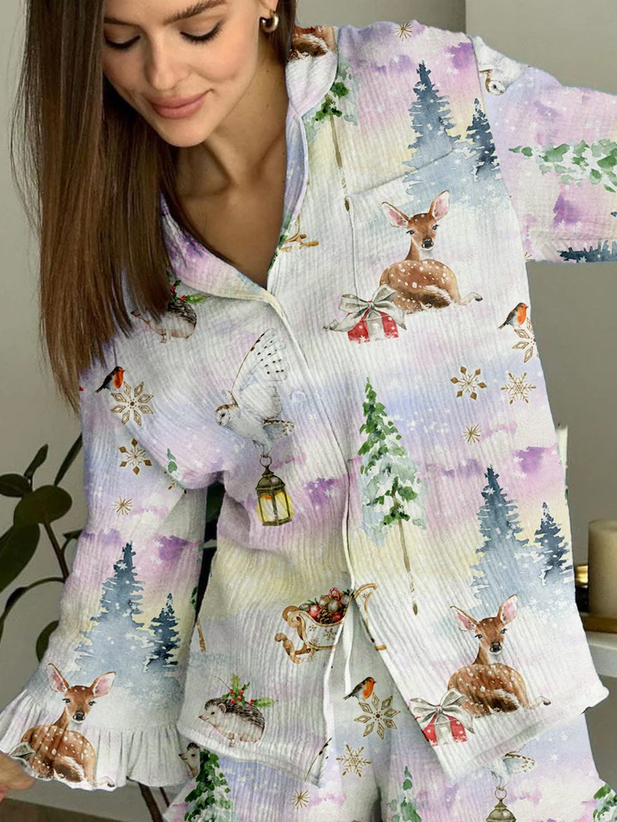 Women's Colorful Christmas Elk Printed Lounge Long Sleeve Suit - Image 2