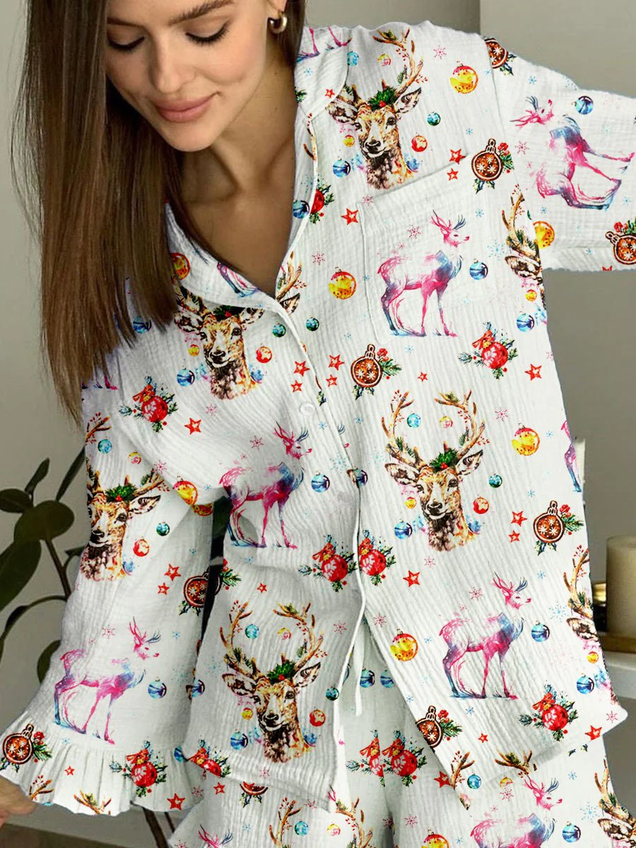 Women's Colorful Christmas Floral Elk Print Home Long Sleeve Suit - Image 2