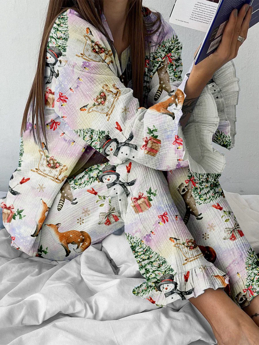 Women's Colorful Christmas Snowman Raccoon Printed Home Long Sleeve Suit