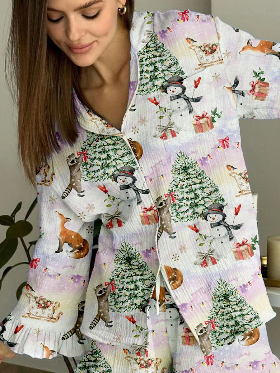 Women's Colorful Christmas Snowman Raccoon Printed Home Long Sleeve Suit - Image 2