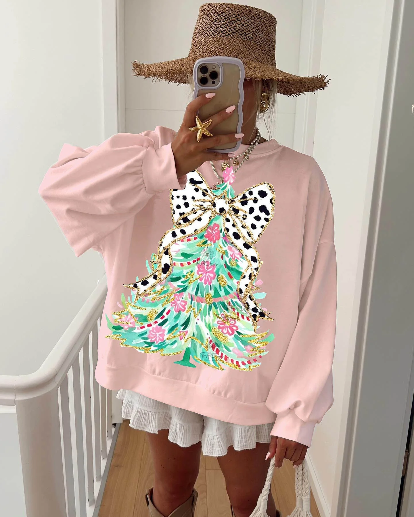 Women's Colorful Christmas Tree and Bow Sweatshirt - Image 2