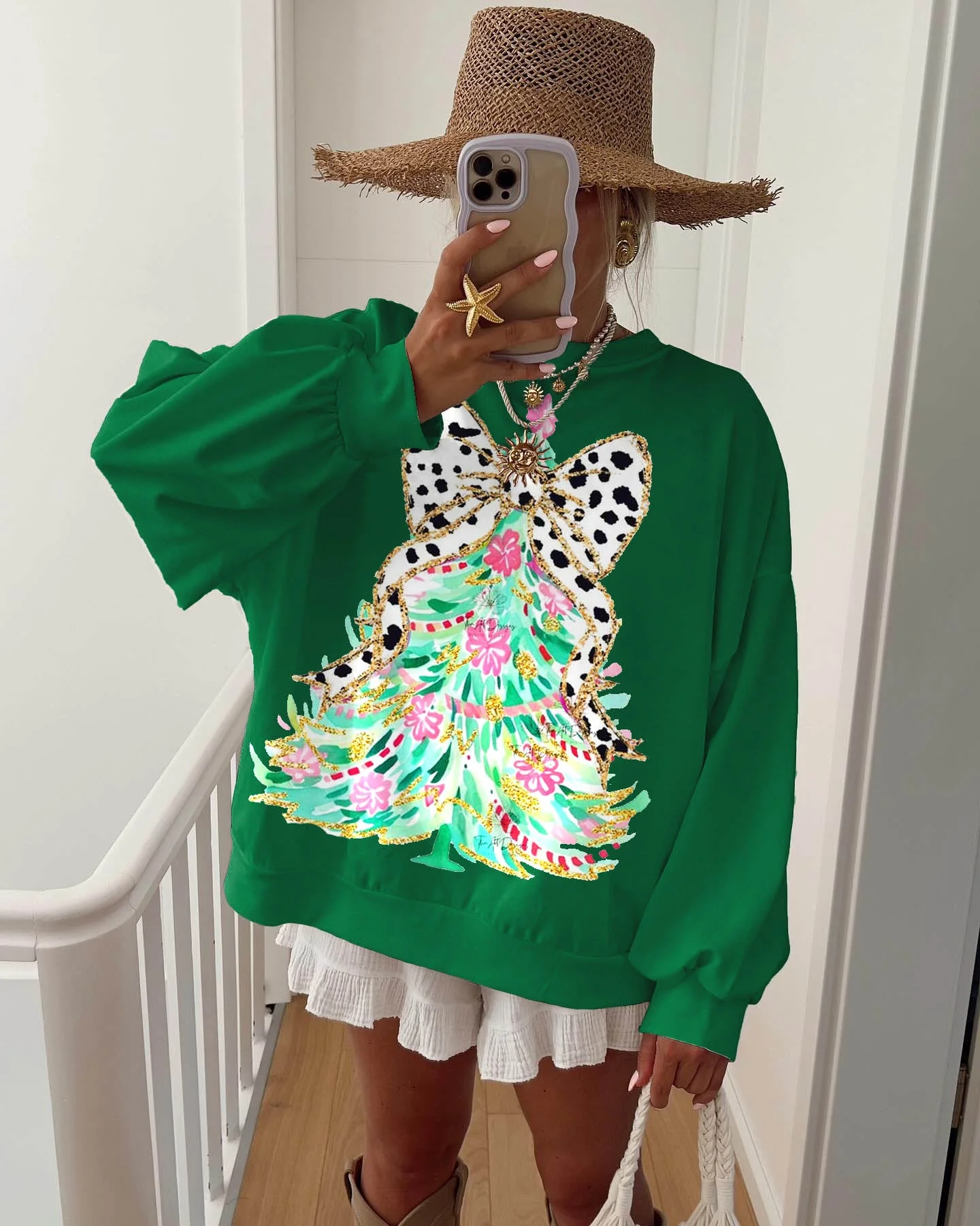 Women's Colorful Christmas Tree and Bow Sweatshirt - Image 3