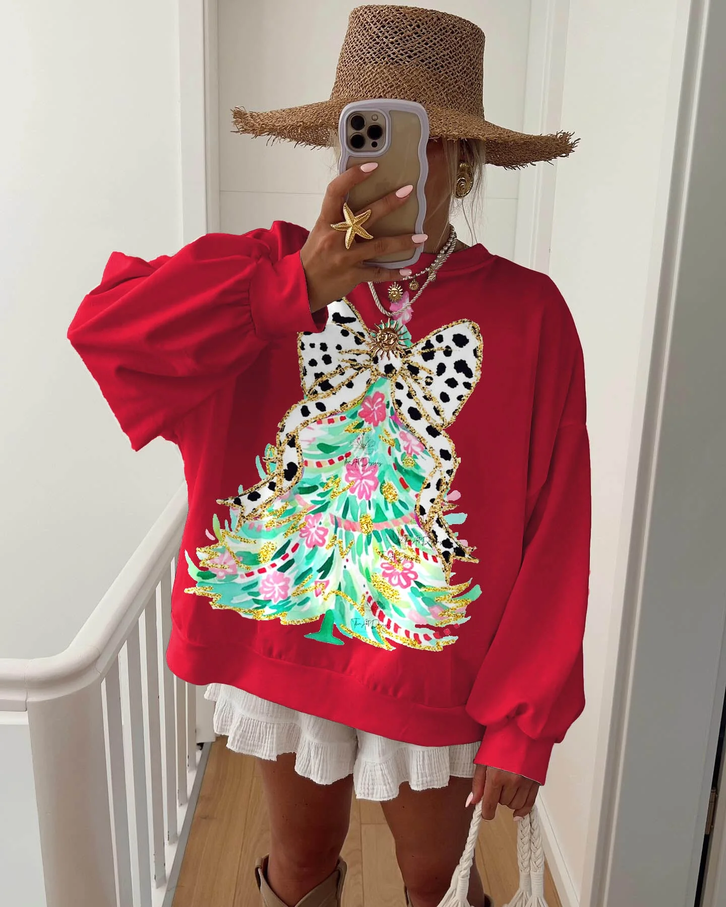 Women's Colorful Christmas Tree and Bow Sweatshirt - Image 4
