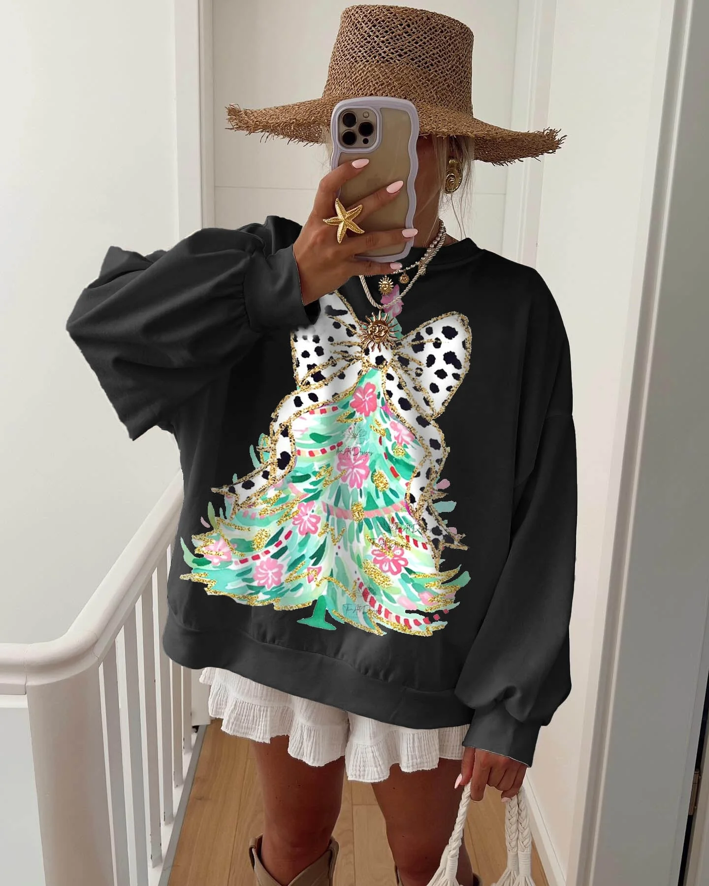 Women's Colorful Christmas Tree and Bow Sweatshirt - Image 5