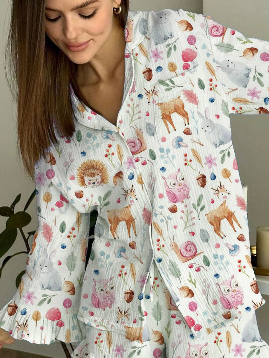 Women's Colorful Floral Cute Animal Print Home Long Sleeve Suit - Image 2