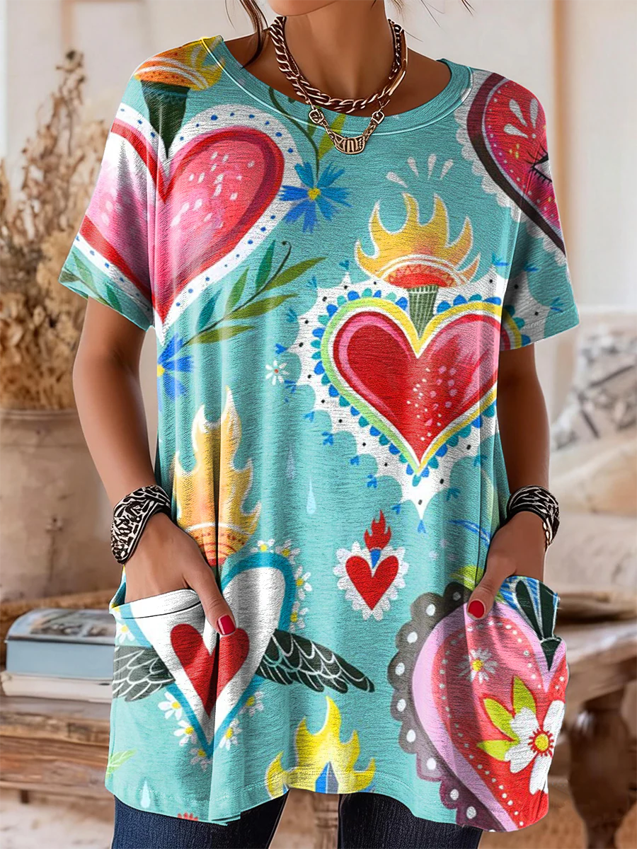 Women's Colorful Heart Art Print Casual Short-Sleeve Crew Neck Pocket Cotton T-Shirt