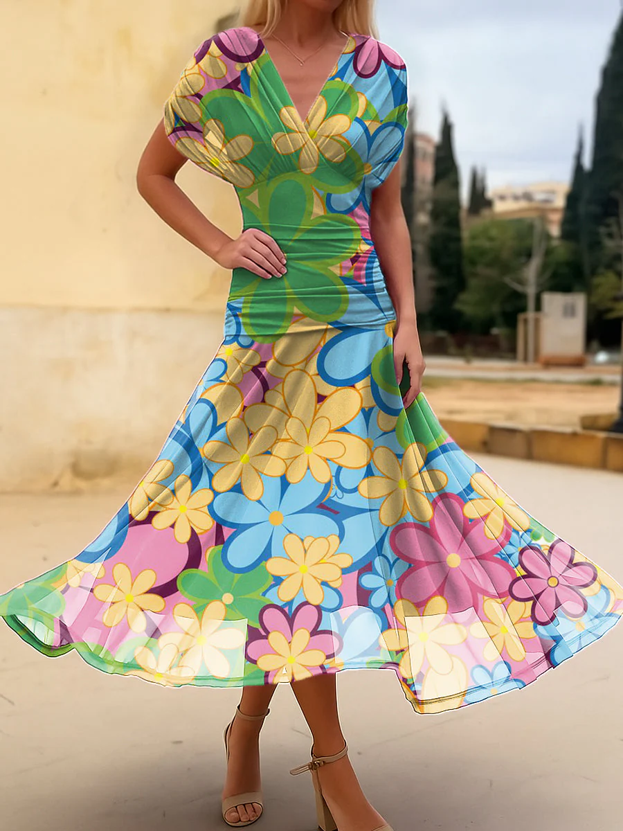 Women's Colorful Large Flower Painting Art Print Cotton Dress
