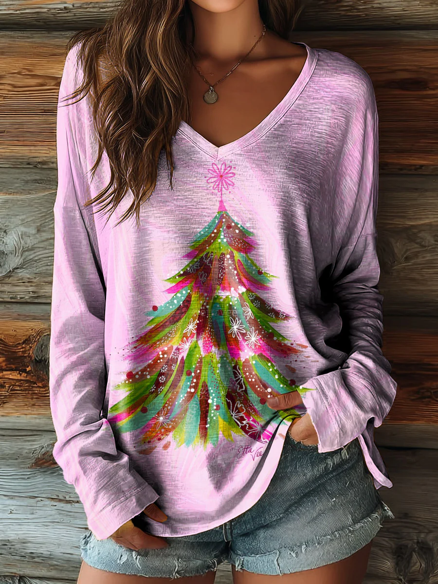 Women's Colorful Oil Painting Christmas Tree Art Print Casual V-neck Long Sleeve T-shirt