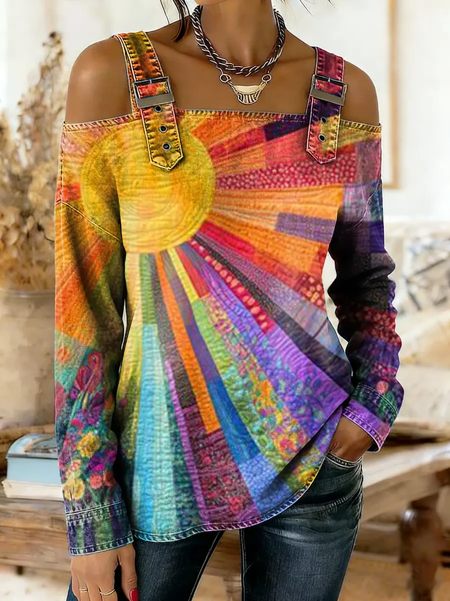 Women's Colorful Patchwork Sun Art Print Off-the-shoulder Washed Denim Cotton Top