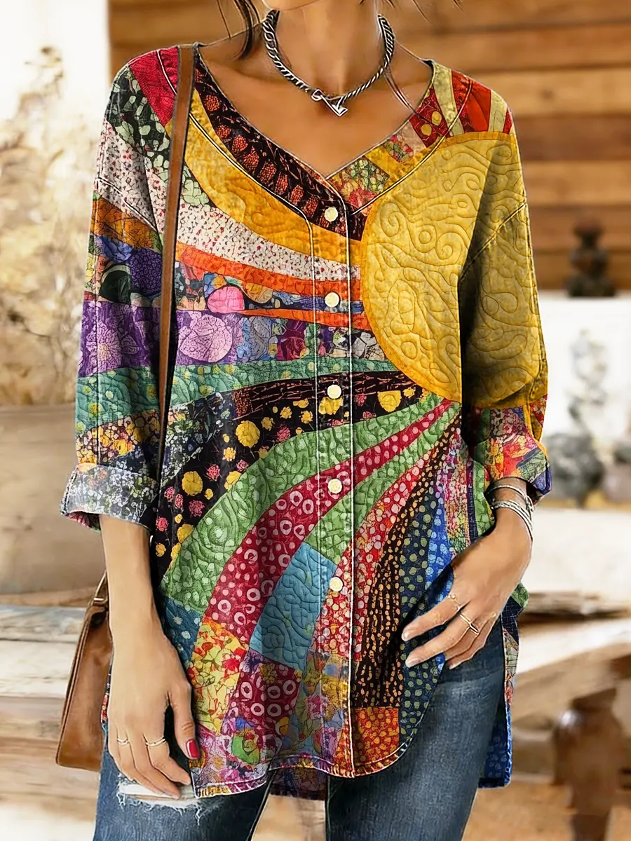 Women's Colorful Sunflower Patchwork Print Cotton Denim Button-Up Top