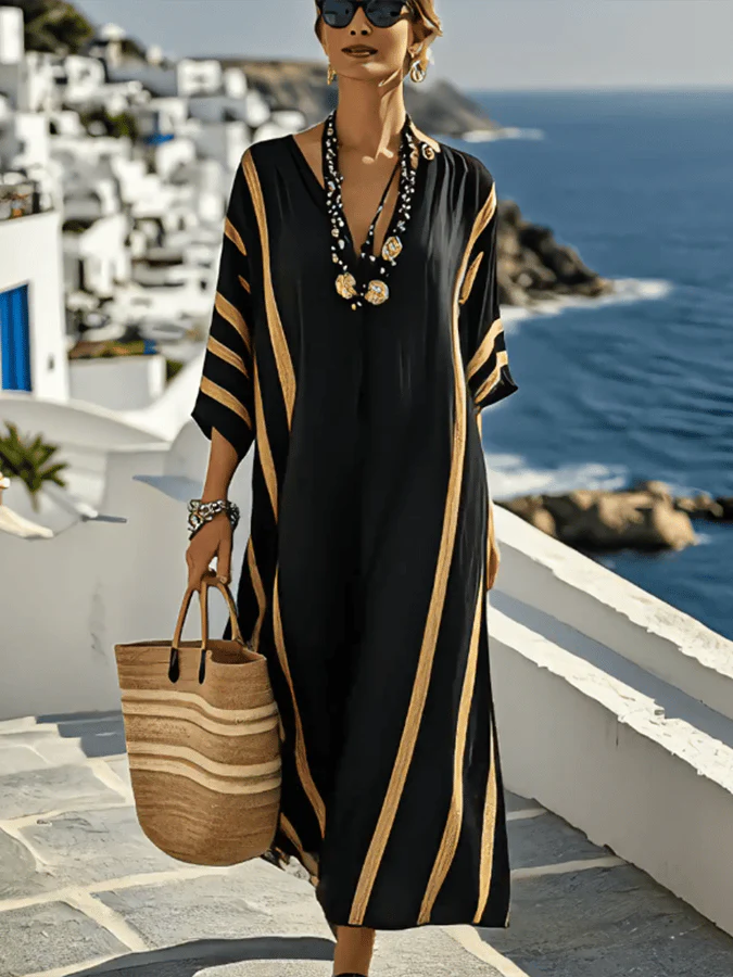 Classic V-neck Drop Shoulder Striped Midi Dress - Image 2