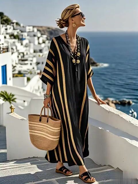 Classic V-neck Drop Shoulder Striped Midi Dress - Image 5