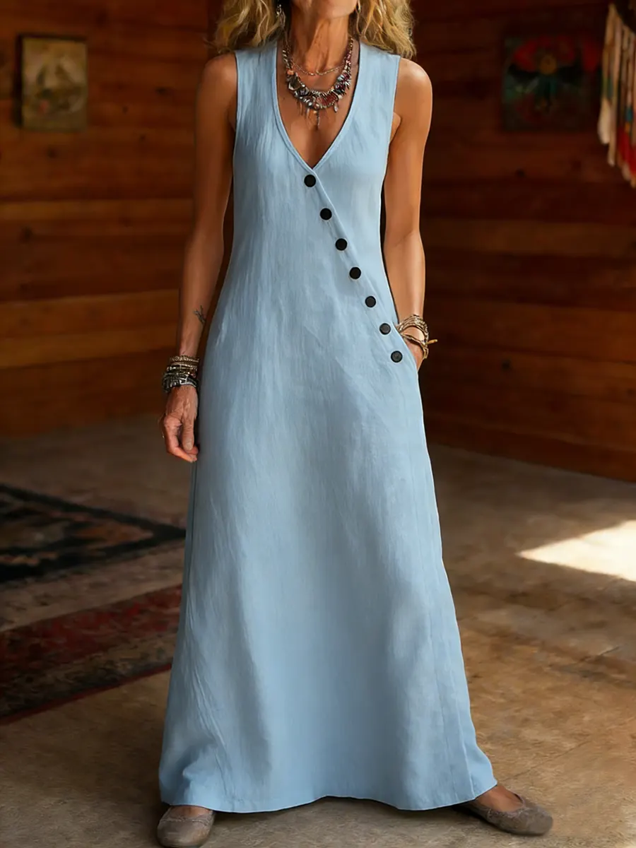 Women's Cotton Casual Sleeveless V-neck Button Pocket Dress
