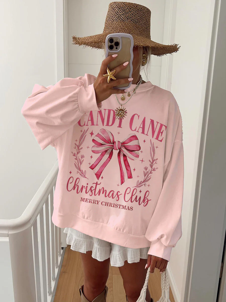 Women's Cotton Christmas Striped Bowknot Printed Home Long Sleeve Sweater - Image 2