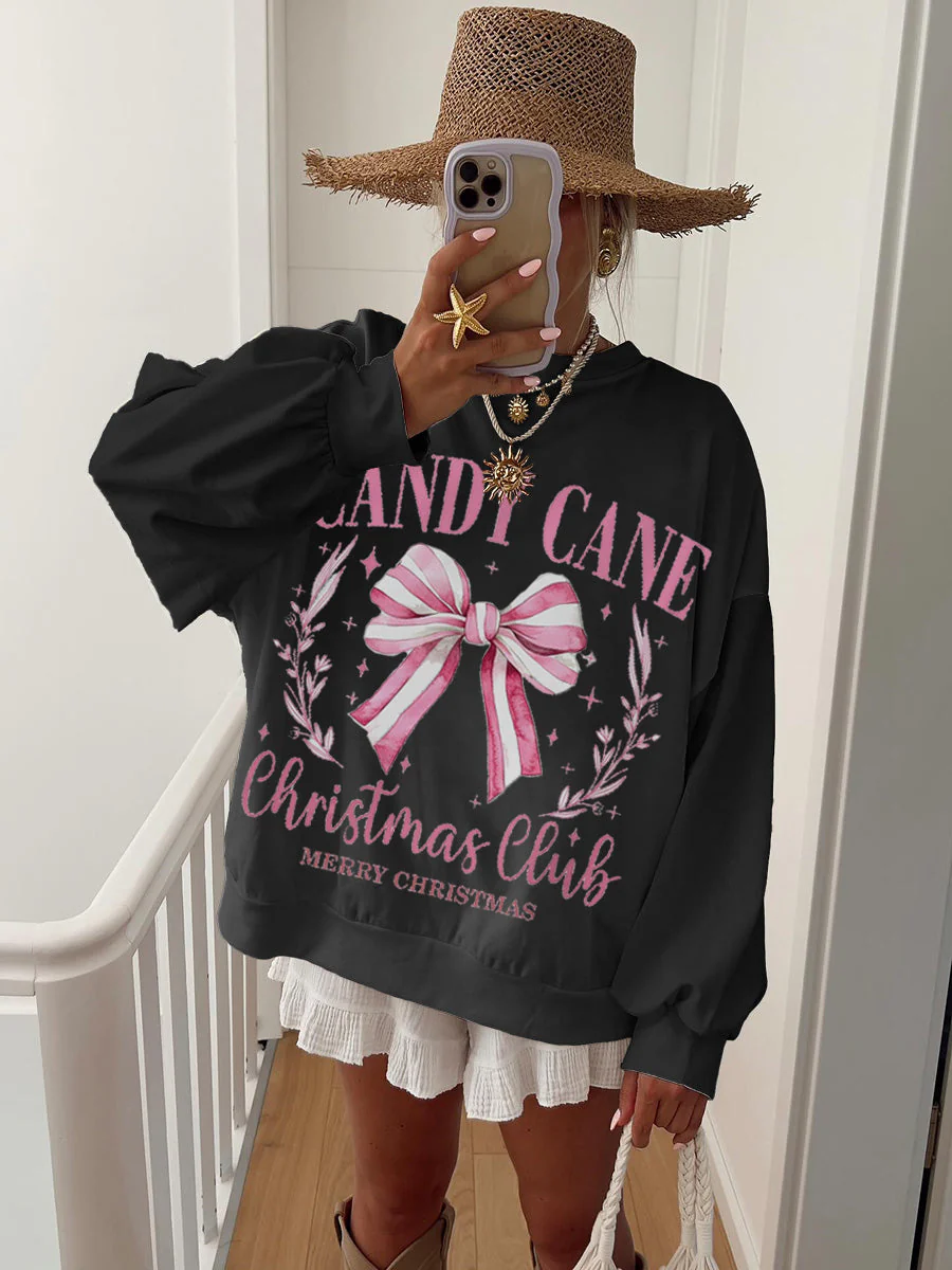 Women's Cotton Christmas Striped Bowknot Printed Home Long Sleeve Sweater - Image 5