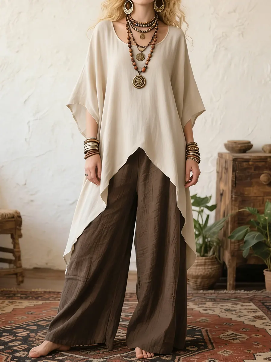 Women's Cotton Crew Neck Long-sleeved Top And Pants Set